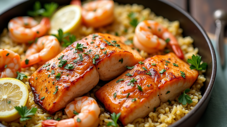 One-Pan Honey Glazed Salmon & Shrimp with Garlic Butter Rice
